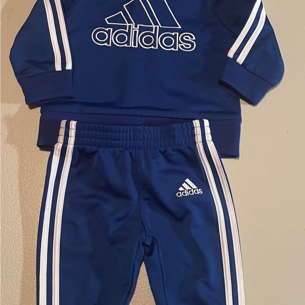 InfantAdidas Blue and White Jogging Suit with Signature Stripes- Size 3 months.